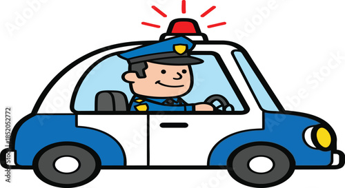 Cartoon police officer driving a blue and white vehicle