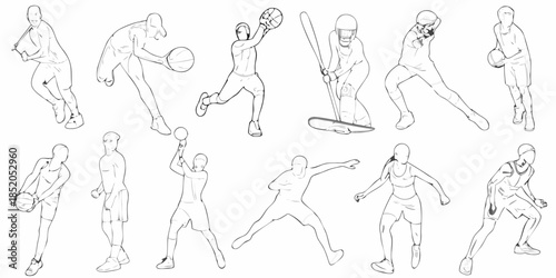 Line art illustration of diverse athletes engaged in various sports activities