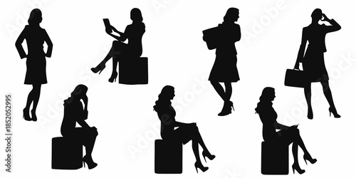 Silhouettes of business women in various poses and professional settings