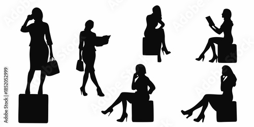 Silhouettes of professional women in various poses with handbags and briefcases