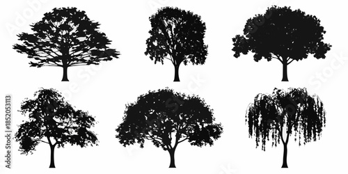 Silhouette collection of various tree types against a plain white background