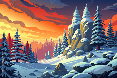 snowy pine forest beneath an overcast winter sky creates a muted and atmospheric landscape emphasizing texture, tone, and seasonal calm