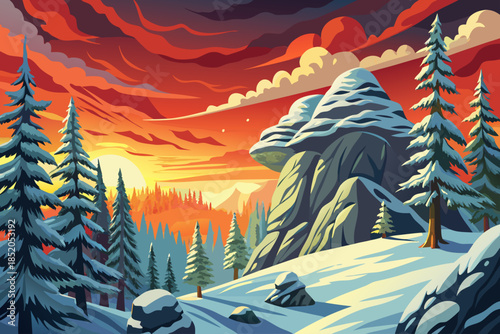 snowy pine forest beneath an overcast winter sky creates a muted and atmospheric landscape emphasizing texture, tone, and seasonal calm