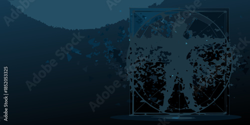 Abstract digital art featuring a ghostly figure within a geometric frame