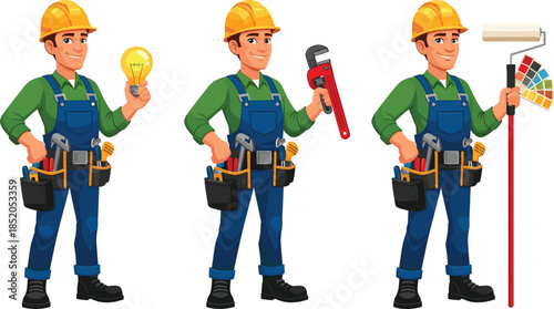 Professional handyman character set holding tools light bulb and paint roller, home repair and maintenance cartoon vector illustration