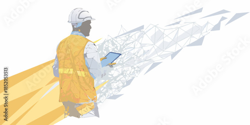 Construction worker with digital tablet transitioning into abstract polygonal design