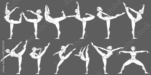 Dynamic poses of a female figure in various athletic and expressive positions