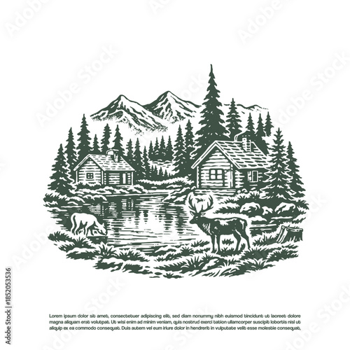 Vintage Forest Cabin Lake Illustration
