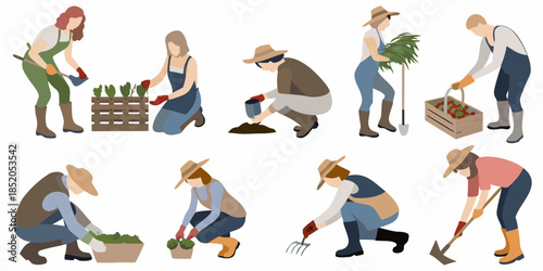 Diverse group of people gardening planting and harvesting outdoors