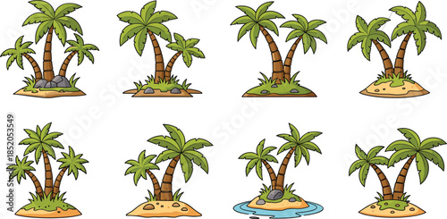 Cartoon palm trees on small islands with rocks and grass