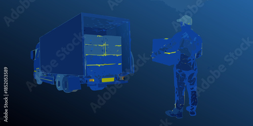 Delivery service illustration featuring a truck and worker in a blue tone