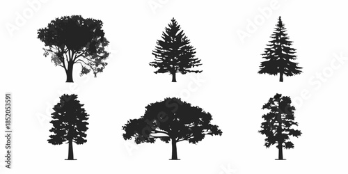 A collection of various tree silhouettes against a white background
