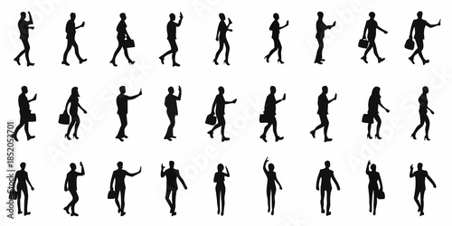 Silhouettes of people walking a diverse collection of business professionals in motion