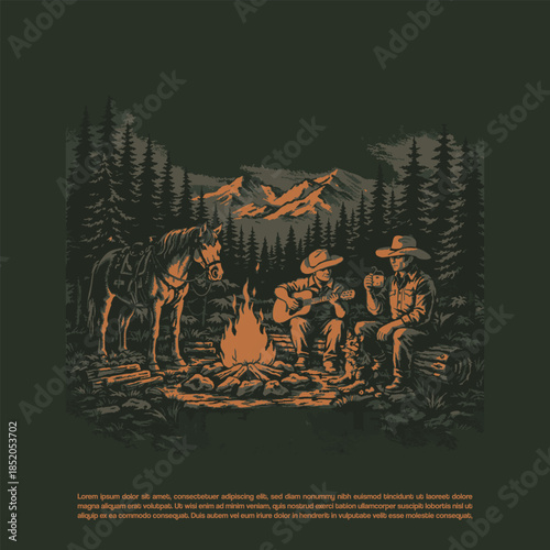 Vintage Cowboy Campfire Forest Illustration