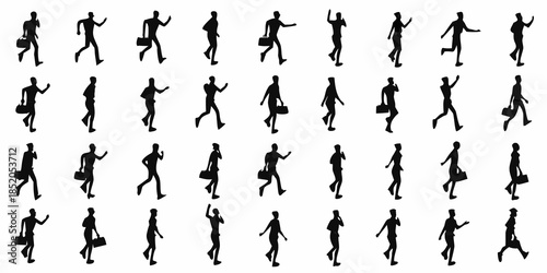 Silhouetted figures of people walking seemingly in a repetitive patterned arrangement