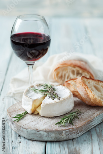 Soft cheese such as camembert or brie with rosemary, sliced baguette and a glass of red wine. Elegant appetizer and French cuisine concept.