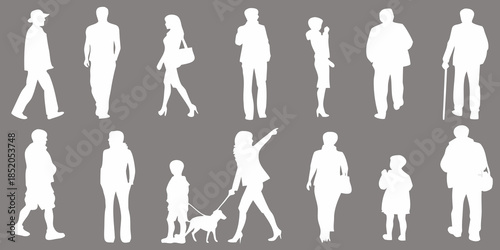 Silhouettes of people walking posing and interacting in a minimalist style