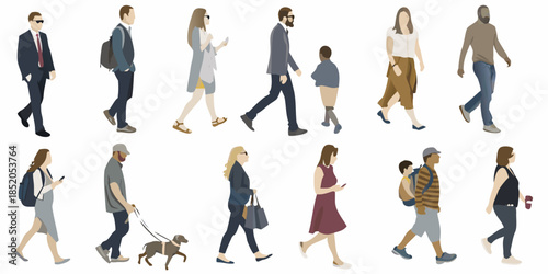 Diverse group of people walking illustrated figures in a flat design style