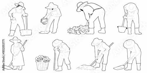 Line art illustration of farm workers engaged in various agricultural tasks