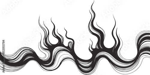 Black ink abstract wavy line with dynamic flames white