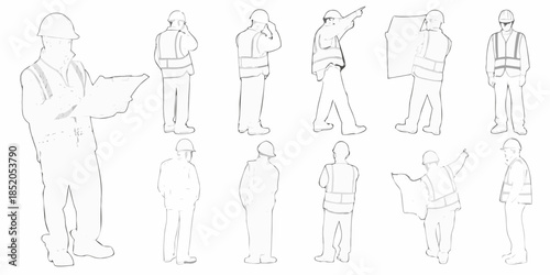 Construction workers in various poses blueprint review pointing and discussion