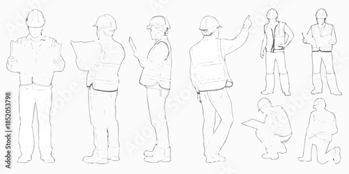 Line art illustration of construction workers in various poses and attire