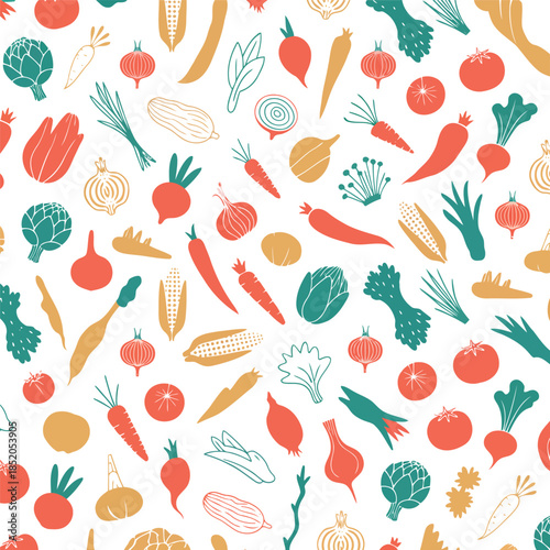 A vibrant vector of fresh organic vegetables and healthy fruits pattern, ideal for culinary, nutrition, and lifestyle designs