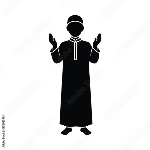 Silhouette of a man in a religious outfit with hands raised in prayer, minimal islamic silhouette