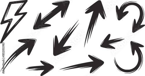 Collection of hand drawn black lightning bolts and arrows in various directions