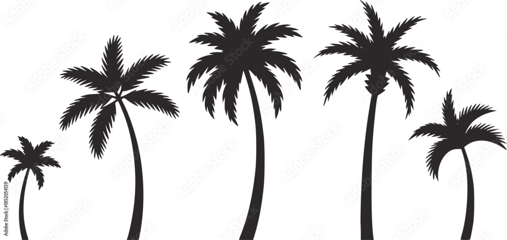 Naklejka premium Five black palm tree silhouettes in minimalist style white
