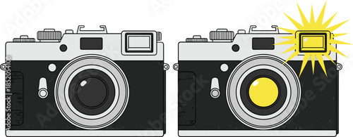 Vintage camera illustration showing flash on and off states, classic photography equipment comparison cartoon vector illustration