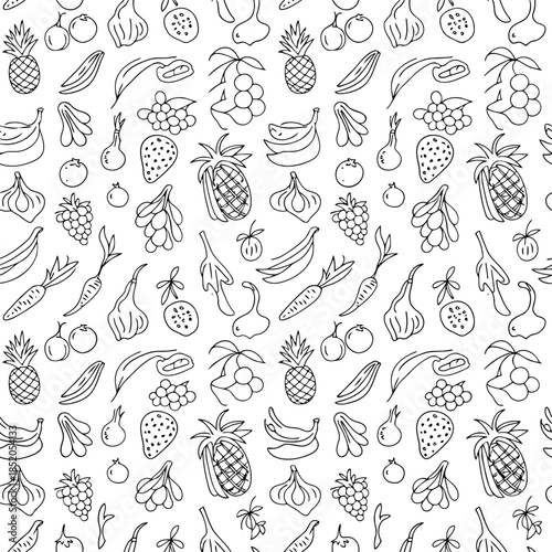 A vector of a beautiful seamless pattern, hand-drawn fresh fruits and vegetables, perfect for healthy food and kitchen decor