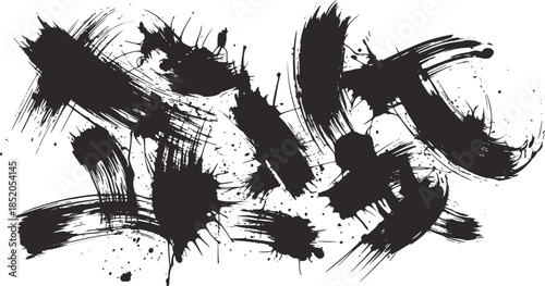 Dynamic black and white ink splatter composition with abstract brushstrokes white