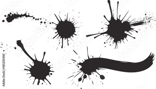 Five black ink splatter stains white