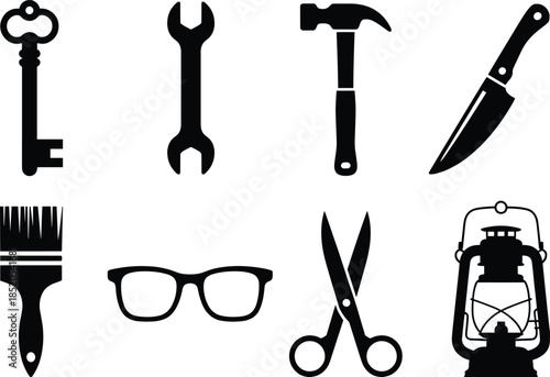 Black silhouette icons of a key wrench hammer knife paintbrush glasses scissors and lantern