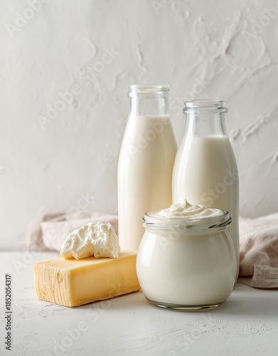 Assortment of dairy products on a table. Milk, yogurts, hard and soft cheeses in a light minimalist composition. Healthy nutrition and fresh food concept.
