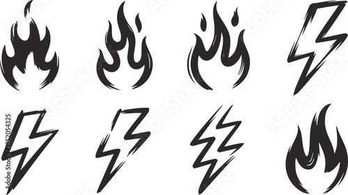 Seven hand drawn black ink flame and lightning bolt symbols