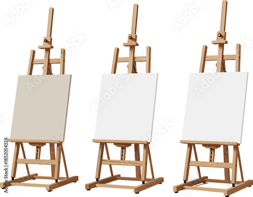 Wooden artist easels with blank canvases set isolated on white background, painting and art studio equipment vector illustration