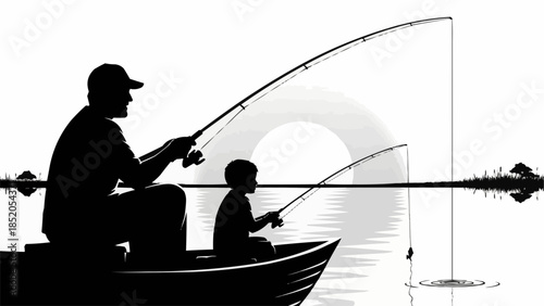 Father and Son Fishing Together in a Boat Silhouette.