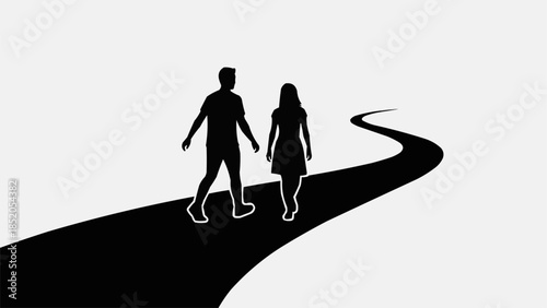 Silhouettes of a couple walking together on a winding path.