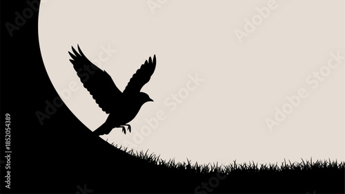 Silhouette of a bird taking flight against a large moon.