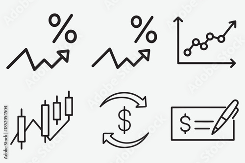 Minimal line icon set showing financial growth charts, percentage increase, candlestick graph, currency exchange, and price editing symbols. Ideal for business, finance, analytics