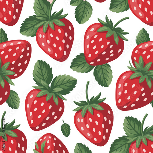 A delightful vector of fresh, ripe strawberries with vibrant green leaves, forming a charming seamless pattern perfect for summer designs and textile prints, celebrating natural sweetness and joy