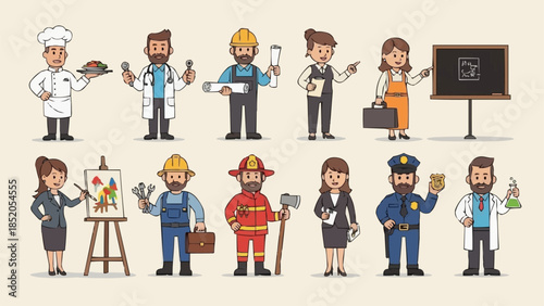 Diverse Group of Professionals in Various Occupations and Uniforms.