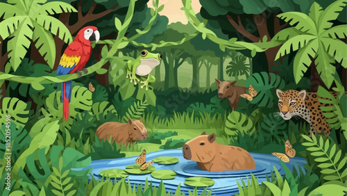 Vibrant Amazon Rainforest Scene with Diverse Wildlife.