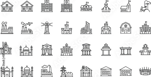 Collection of iconic buildings and structures line icons