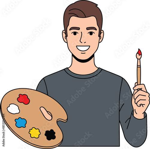 Young male artist holding paint palette and brush, creative painting hobby and art profession cartoon vector illustration