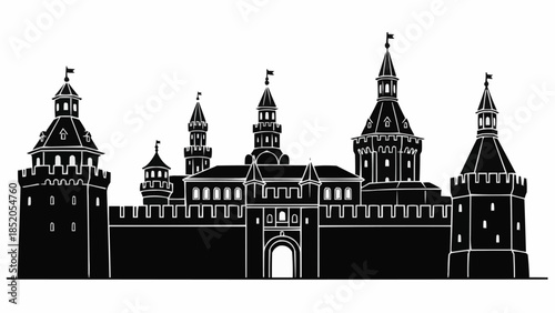 Magnificent Medieval Castle Silhouette with Towers and Flags.