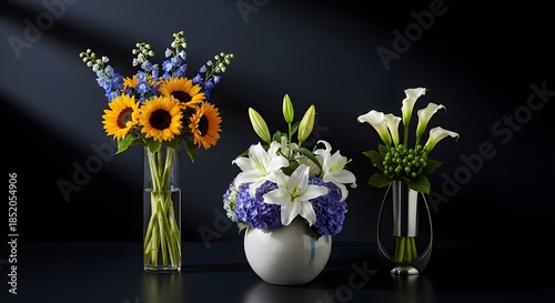 Wallpaper Mural Assortment of colorful flower bouquets in glass vases against a dark background Torontodigital.ca
