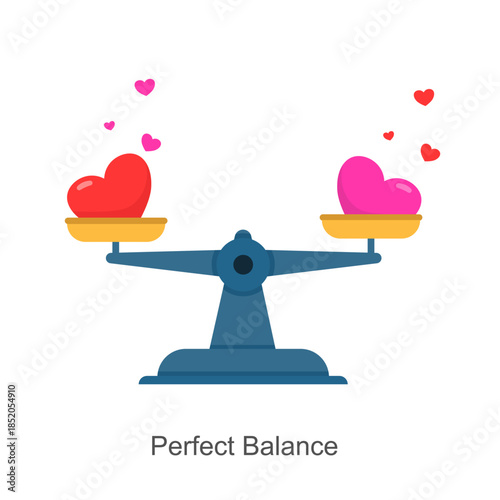 A flat, balanced scale with heart icons on both sides. Balance